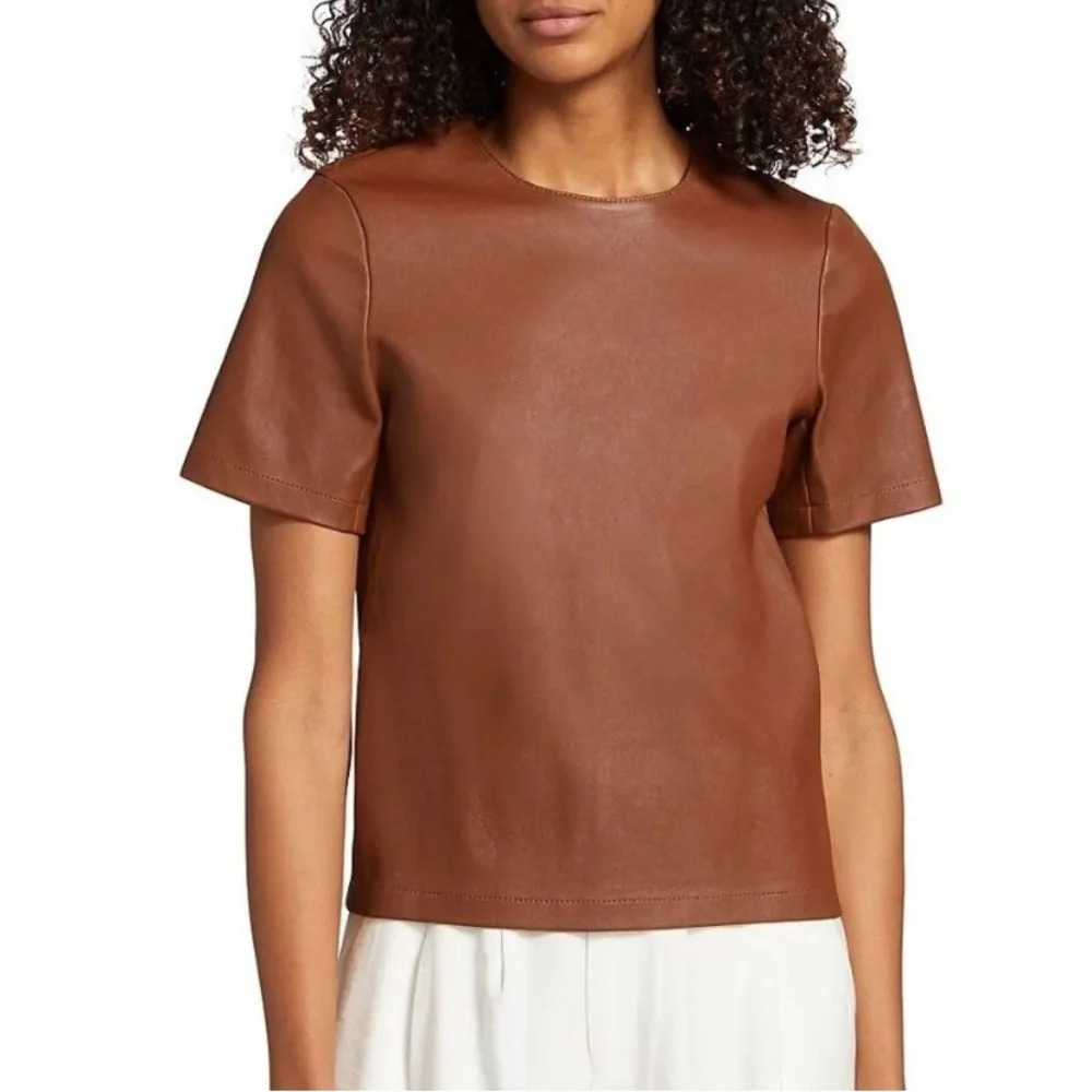 TWP Women's Cognac Brown Lambskin Leather Short Sleeve Tee Top Size Extra Small